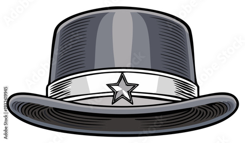Classic grey bowler hat illustration with a prominent star emblem on the band