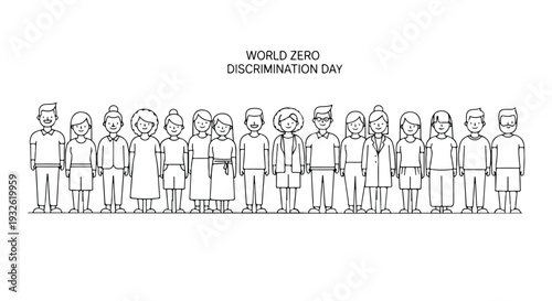 Diverse group of people standing together in unity on World Zero Discrimination Day with a minimalist line drawing style on a white background
