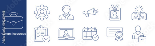 Human resources set icon. Collection with briefcase, gear, manager avatar, megaphone, id badge, open book bulb, checklist clipboard, laptop interview, calendar check, certificate, employee.