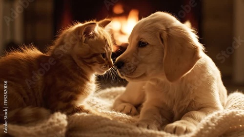 Adorable Kitten and Golden Puppy Cuddling Near a Warm, Glowing Fireplace in a Cozy Winter Scene