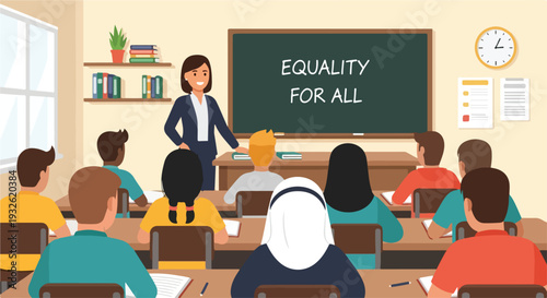 A diverse group of students sitting at desks in a classroom with a teacher standing by a chalkboard that reads 'EQUALITY FOR ALL' promoting Zero Discrimination Day with a warm and inclusive