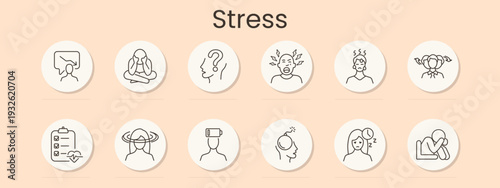 Stress set icon. Presentation anxiety, meditation, confusion, anger, fatigue, overload, checklist, dizziness, low battery, headache, insomnia, burnout, mental health, pressure