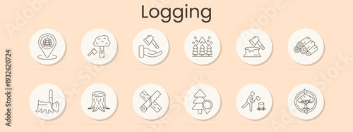 Logging forestry set icon. Minimal line badges, forest location pin, tree cut axe, hand holding axe, pine trees snow, stump axe, log stack, chainsaw, tree stump, crossed saws, forest map pin