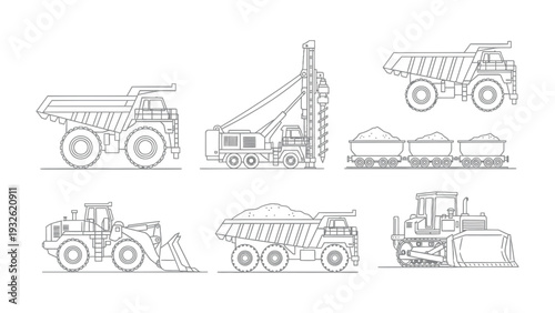 Industrial Fleet in Monochrome: An impressive lineup of heavy machinery, meticulously rendered in a stark, monochromatic style, showcases the raw power and functionality of industry and construction.