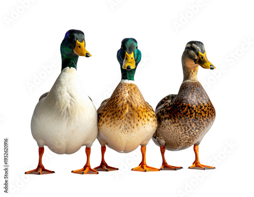 Three ducks standing together with bright orange feet and colorful green heads