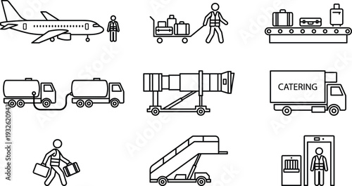 Airport ground service and aviation operations icon set featuring aircraft handling, baggage transport, catering trucks and passenger service activities