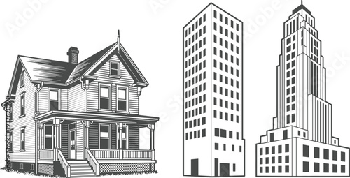 Residential house and urban skyscraper buildings in black and white line art, architectural comparison of suburban home and modern city tower illustration