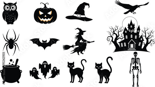 Halloween silhouette vector icon set featuring spooky haunted house witch on broomstick pumpkins ghosts bats spider and skeletons for holiday party graphic design decorations.