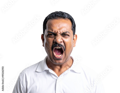 Angry man shouting with mouth wide open and intense facial expression