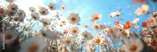 Spring Meadow Dance A Symphony of Daisies and Wildflowers Under a Bright Blue Sky at Sunrise