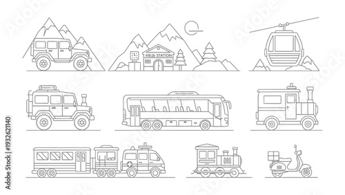 Line Art Transport Icons: An array of detailed line art icons showcasing various modes of transportation against a minimalist backdrop. The collection includes a train, car, bus, cable car.