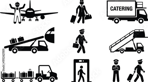 Airport ground service and aviation staff icons set showing airline crew, baggage handling, catering truck and passenger security illustration