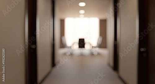 Blurry interior hotel corridor with doors.