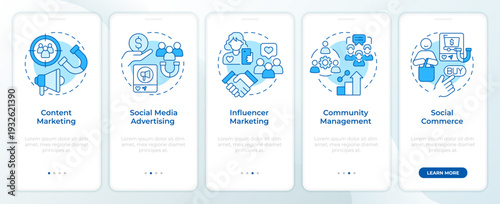 Content marketing channels blue onboarding mobile app screen. Walkthrough 5 steps editable graphic instructions with linear concepts. UI, UX, GUI. Montserrat SemiBold, Regular fonts used