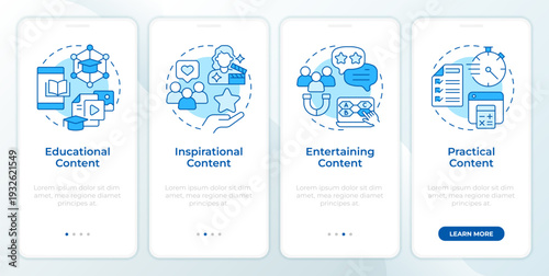 Content types by objective blue onboarding mobile app screen. Walkthrough 4 steps editable graphic instructions with linear concepts. UI, UX, GUI. Montserrat SemiBold, Regular fonts used