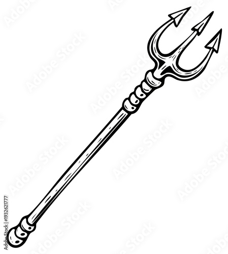 Hand drawn illustration of a mythological trident symbol representing power and the sea