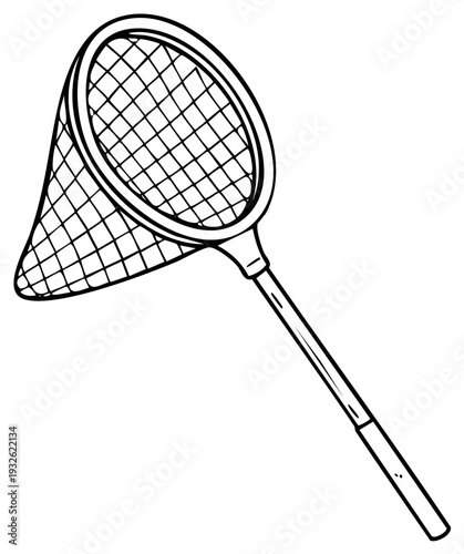 Black and white illustration of a butterfly net, symbol of catching, hunting and adventure.