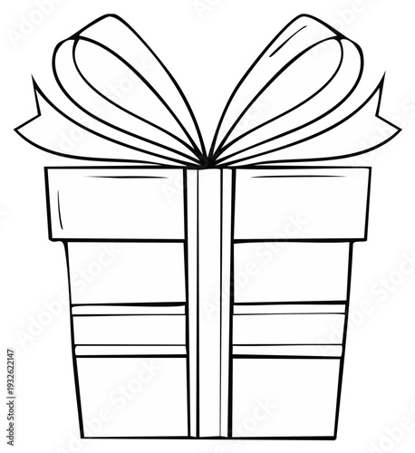 Black and white line art gift box with ribbon bow, isolated on white background