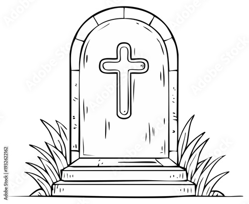 Hand Drawn Stone Tombstone With Cross Symbol And Grassy Surround