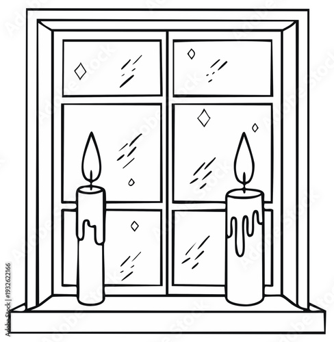 Window and Candles Illustration with Flames and Meltdown Wax for Coloring Book Pages and Festive Designs