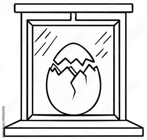 Cracked egg inside a frame or window outline design shows birth, starting or beginning symbol