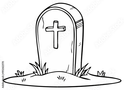 Headstone on a Grave Mound with a Cross Decoration in Line Art Style for Coloring