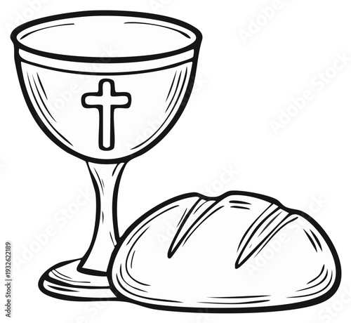 Religious Communion Symbol of Chalice and Bread with Christian Cross Motif