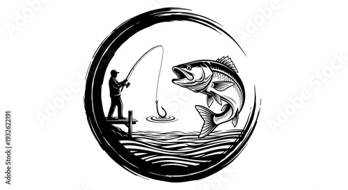 Bass Fishing Logo Illustration – Angler Catching Fish Sport Fishing Vector