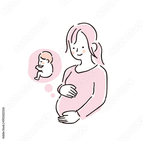 お腹の赤ちゃんを想い微笑む妊婦さんのイラスト（マタニティ）