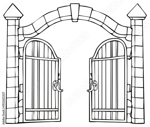 Stone Entrance Gate Opens Showing the way forward Black and White Line Art Illustration