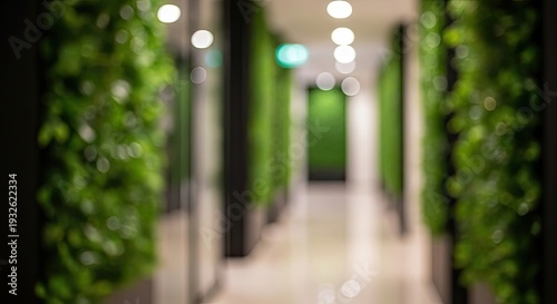 Blurred Office Corridor with Green Walls.
