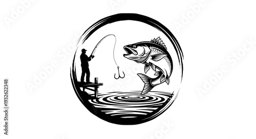 Bass Fishing Logo Illustration – Angler Catching Fish Sport Fishing Vector
