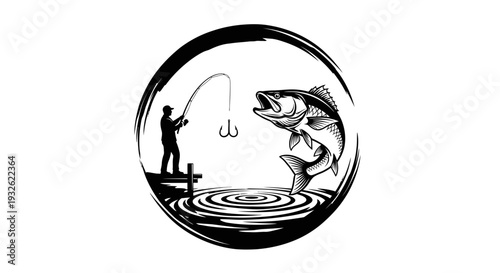 Bass Fishing Logo Illustration – Angler Catching Fish Sport Fishing Vector