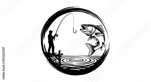 Bass Fishing Logo Illustration – Angler Catching Fish Sport Fishing Vector