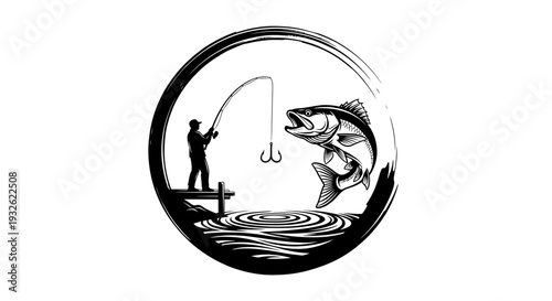 Bass Fishing Logo Illustration – Angler Catching Fish Sport Fishing Vector