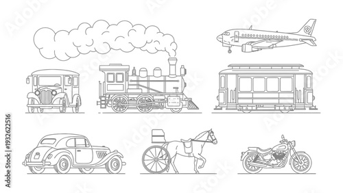 Vintage Transport Icons: A collection of meticulously detailed line drawings showcases an array of classic transportation icons, evoking a sense of nostalgia and the evolution of travel.