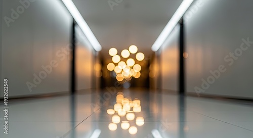 Modern interior with glowing lights reflection.