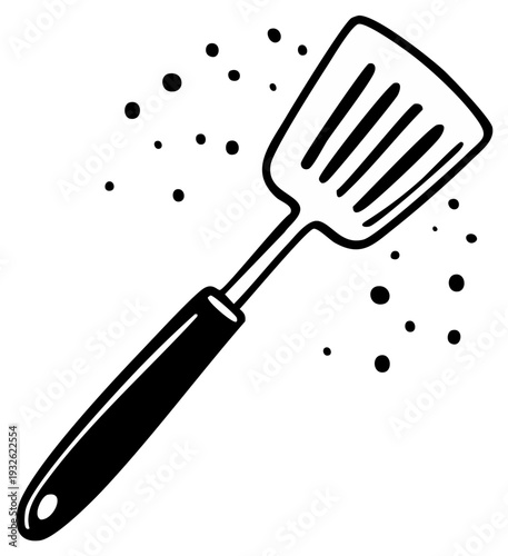 Black and white illustration of a slotted spatula with dots in the background