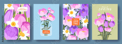 Hand drawn botanical set of posters or cards with spring flowers. Vintage illustrations with narcissus, tulip, crocus, peony. Modern design for Mother's Day, Easter, Women's Day, holiday invitation