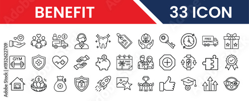 Collection of thirty three benefit icons for various purposes and uses