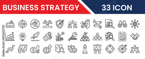 Business Strategy Vector Set Featuring Charts, Targets, Ideas, and Strategy Planning Elements for Web and App Design