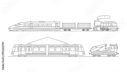 Transportation Marvel: An illustrated composition showcasing an array of trains, illustrating the evolution and diversity of railway transport. The scene includes a high-speed train, a freight train.