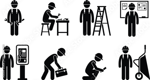 Construction and maintenance worker icon collection featuring technicians, repair services, installation tasks and industrial labor workforce occupation illustrations