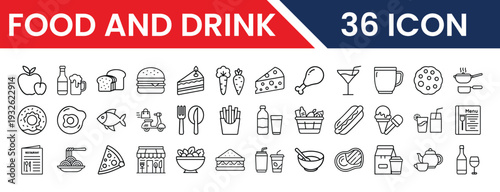 A collection of 36 simple food and drink icons