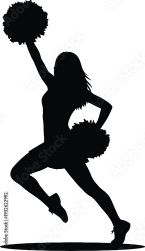 Cheerleader in dynamic pose with pom poms isolated on transparent background
