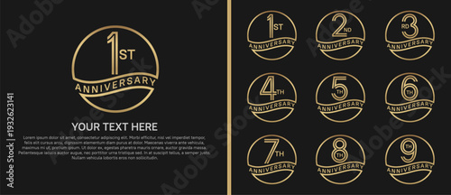 anniversary logo set with circle. gold color on black background for celebration moment