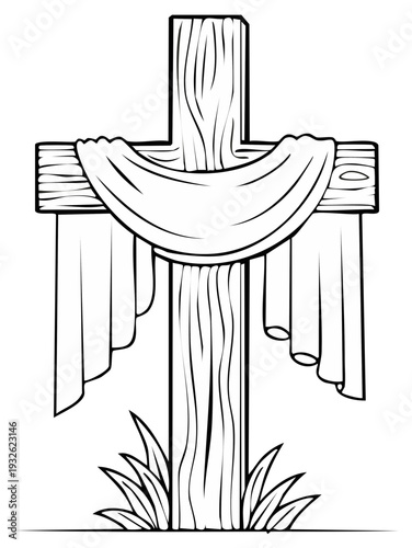 Wooden Cross with White Drape Coloring Page Easter Religious Symbol Simple Line Art Design