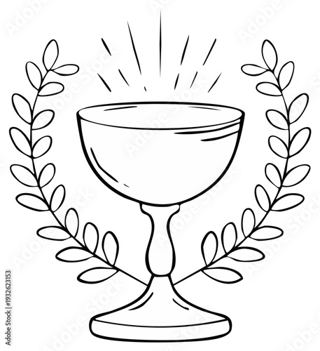 Ornate chalice crowned with laurel leaves and radiating light emblem