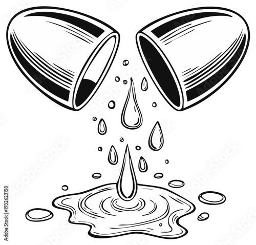 Open Capsule Spilling Liquid Drops Onto White Surface Illustration