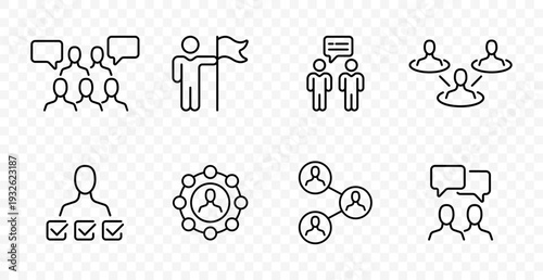 Team communication set icon. Group chat, leader flag, dialogue exchange, network people, checklist control, community circle, social connection